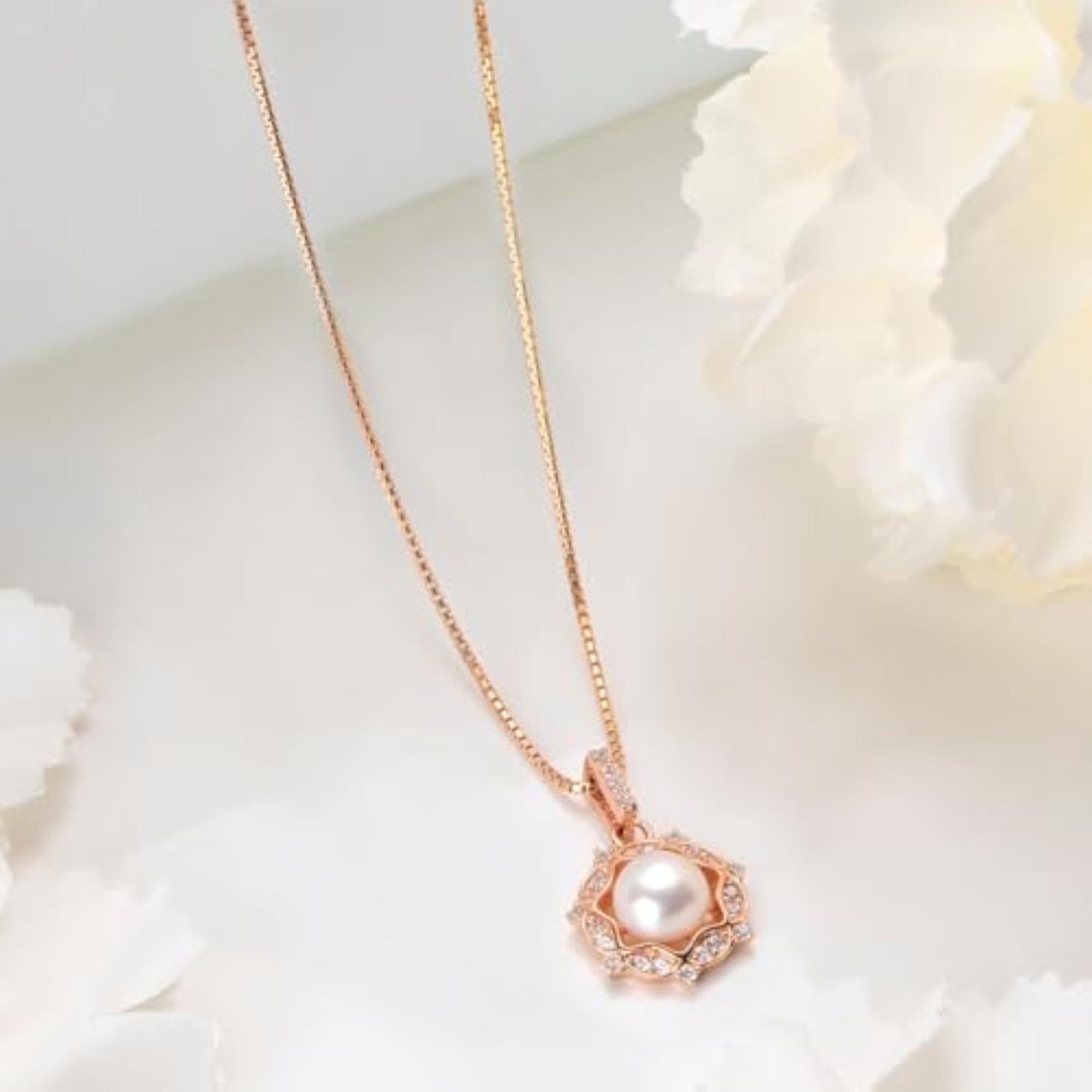 925 Silver Pearl CZ Floral Rose Pendant Chain Hallmark